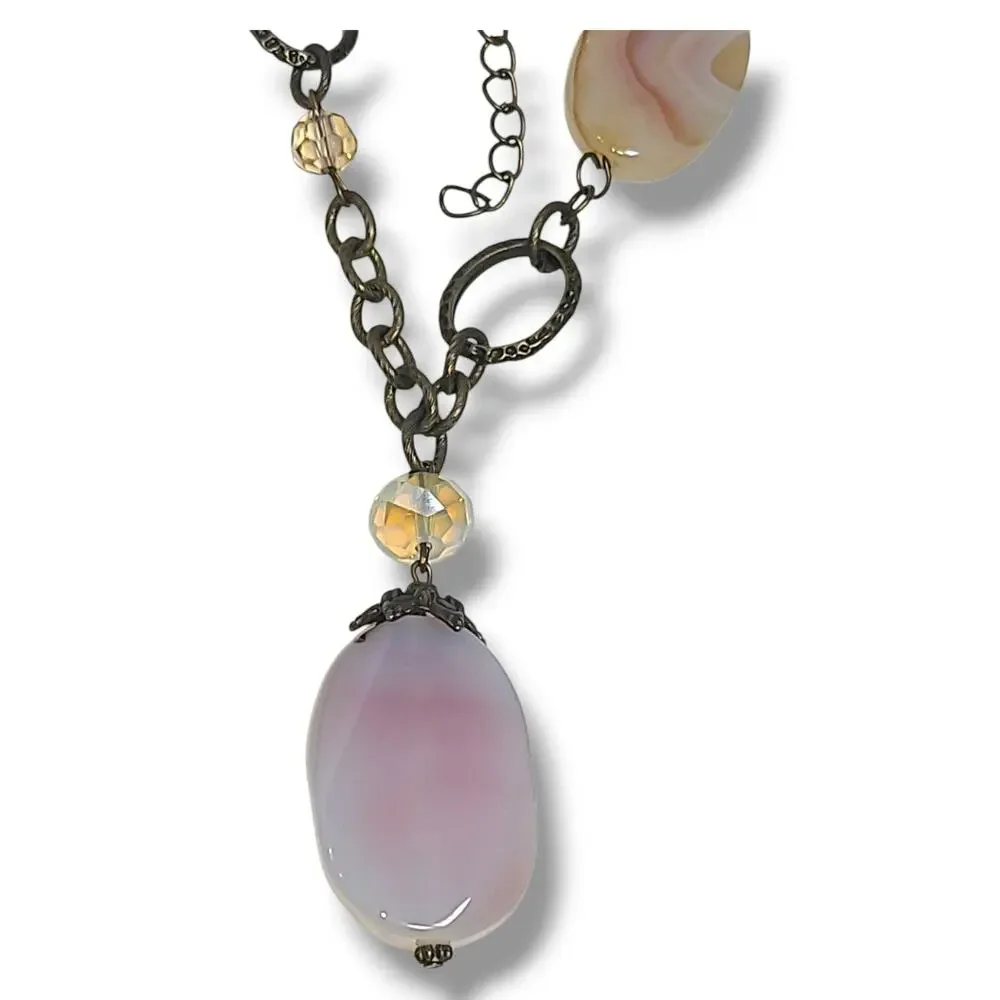 Rose Quartz & Crystal Y-drop Necklace Antique Gold Tone 22